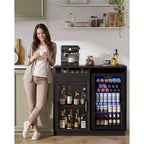 Meuble de Bar à Café avec Espace Réfrigérateur, Buffet Vaisselier avec Lumières LED et Prises Électriques, Meuble de Rangement pour Alcool avec Portes Vitrées, Noir