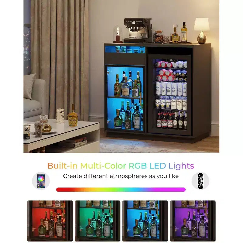 Meuble de Bar à Café avec Espace Réfrigérateur, Buffet Vaisselier avec Lumières LED et Prises Électriques, Meuble de Rangement pour Alcool avec Portes Vitrées, Noir