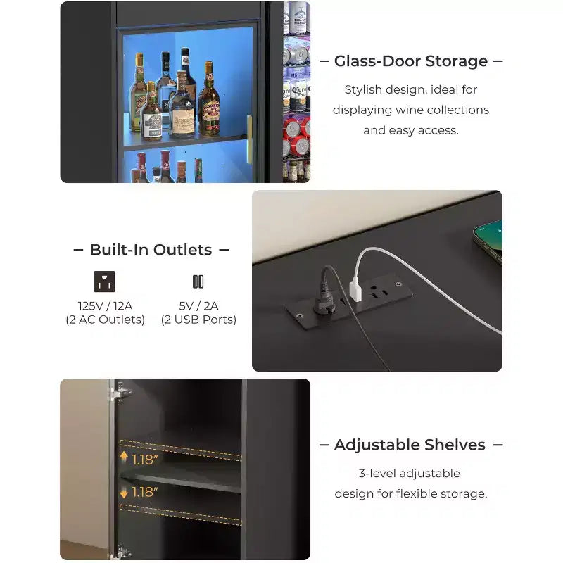 Meuble de Bar à Café avec Espace Réfrigérateur, Buffet Vaisselier avec Lumières LED et Prises Électriques, Meuble de Rangement pour Alcool avec Portes Vitrées, Noir