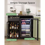 Meuble de Bar à Café avec Espace Réfrigérateur, Buffet Vaisselier avec Lumières LED et Prises Électriques, Meuble de Rangement pour Alcool avec Portes Vitrées, Noir