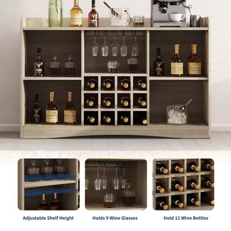 Mobile credenza moderno da 47 pollici con 9 portabicchieri, 12 portabottiglie, design scanalato, 2 ante, per sala da pranzo e soggiorno