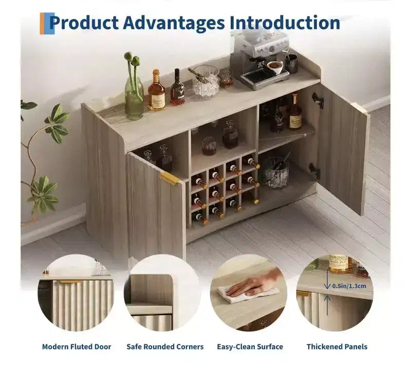 Mobile credenza moderno da 47 pollici con 9 portabicchieri, 12 portabottiglie, design scanalato, 2 ante, per sala da pranzo e soggiorno