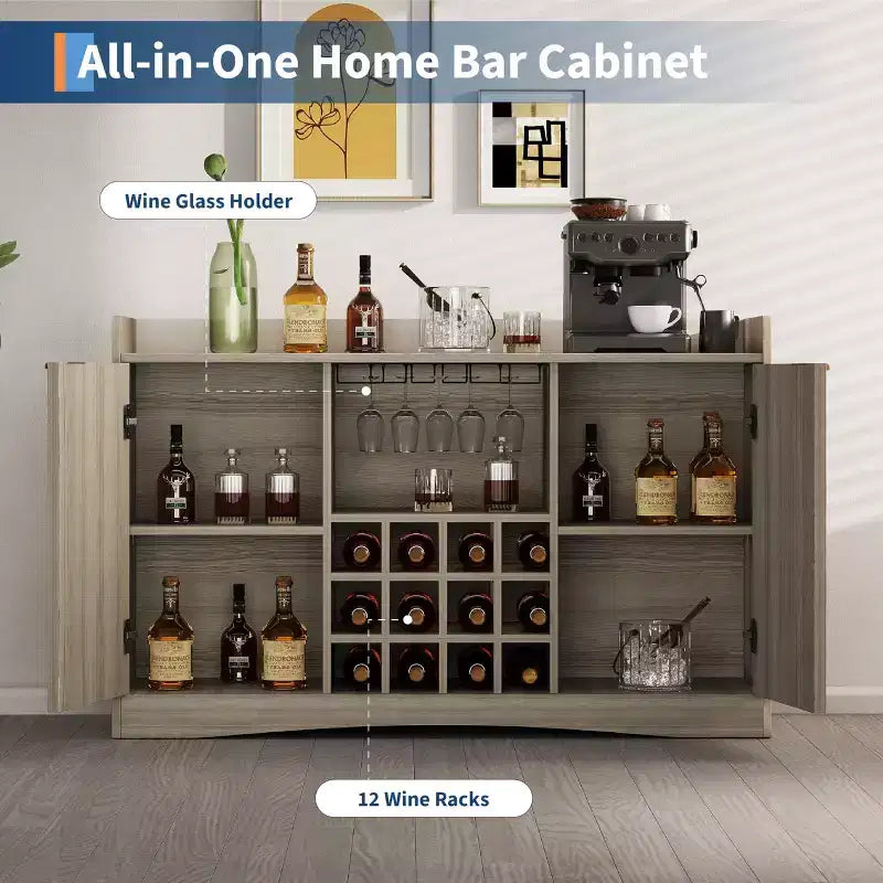 Mobile credenza moderno da 47 pollici con 9 portabicchieri, 12 portabottiglie, design scanalato, 2 ante, per sala da pranzo e soggiorno