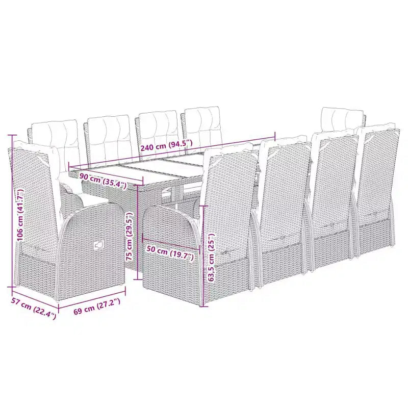 vidaXL Set da pranzo da giardino 10 posti in rattan PE nero Braccioli regolabili