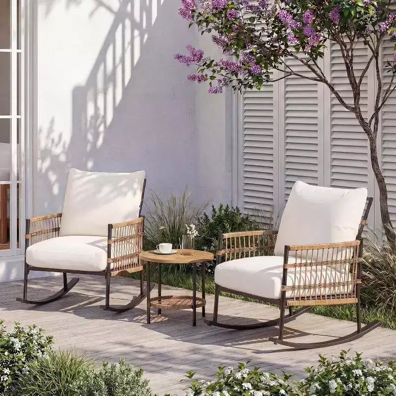 LAUSAINT HOME Set di 3 Poltrone a Dondolo da Giardino, Mobili da Esterno in Rattan PE con Cuscini Spessi