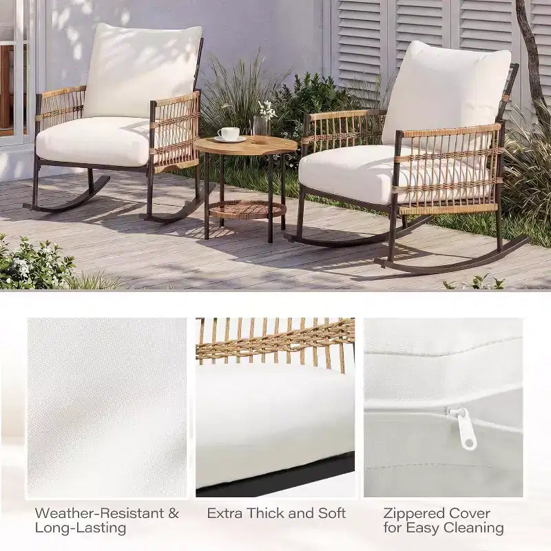 LAUSAINT HOME Set di 3 Poltrone a Dondolo da Giardino, Mobili da Esterno in Rattan PE con Cuscini Spessi