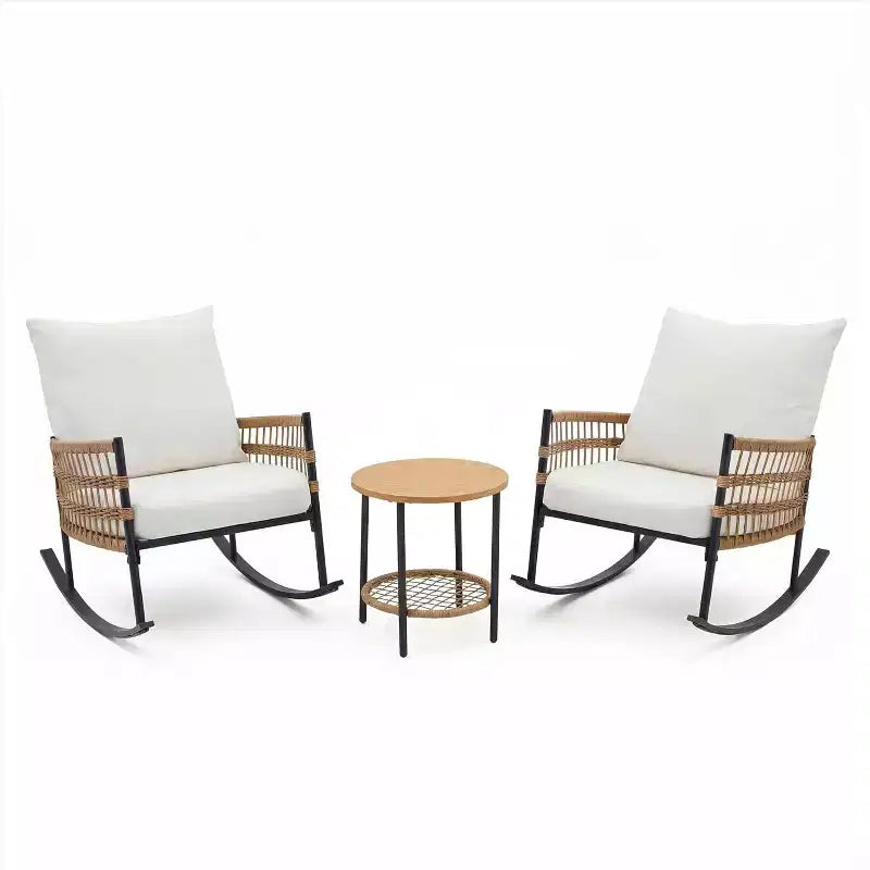 LAUSAINT HOME Set di 3 Poltrone a Dondolo da Giardino, Mobili da Esterno in Rattan PE con Cuscini Spessi