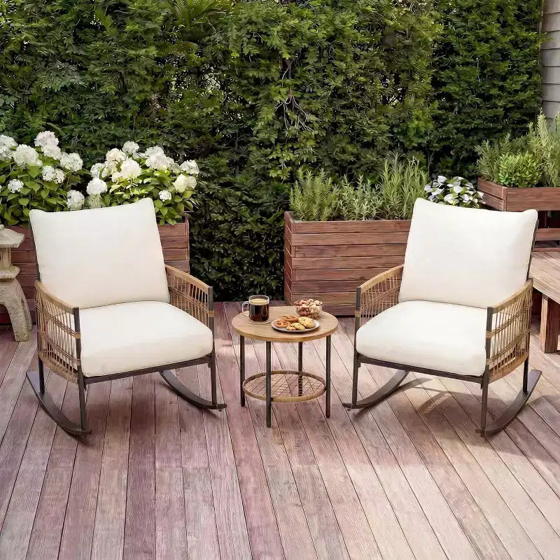 LAUSAINT HOME Set di 3 Poltrone a Dondolo da Giardino, Mobili da Esterno in Rattan PE con Cuscini Spessi