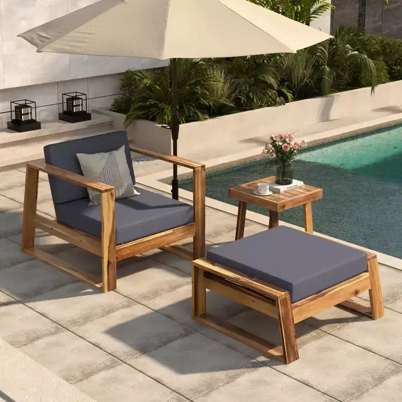 GDFStudio Camille Set Divano e Pouf da Esterno in Legno di Acacia con Cuscini