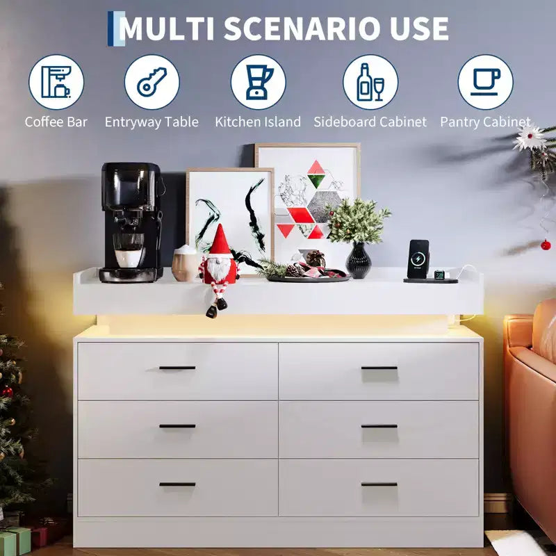 Madia Buffet con 6 cassetti, credenza moderna con piano d'appoggio flottante per soggiorno e cucina, mobile bar