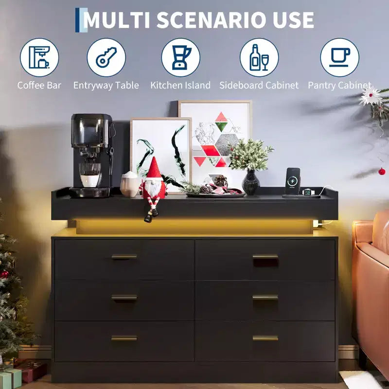 Madia Buffet con 6 cassetti, credenza moderna con piano d'appoggio flottante per soggiorno e cucina, mobile bar