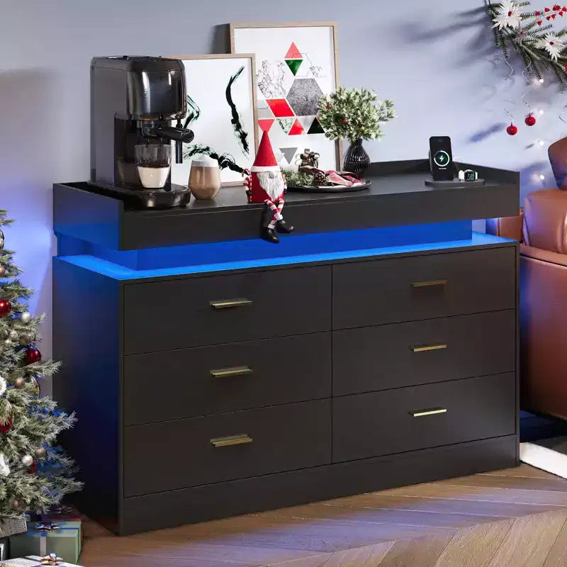 Buffet Cabinet with 6 Drawers, Modern Sideboard Coffee Bar Station with Floating Countertop for Living Room Kitchen