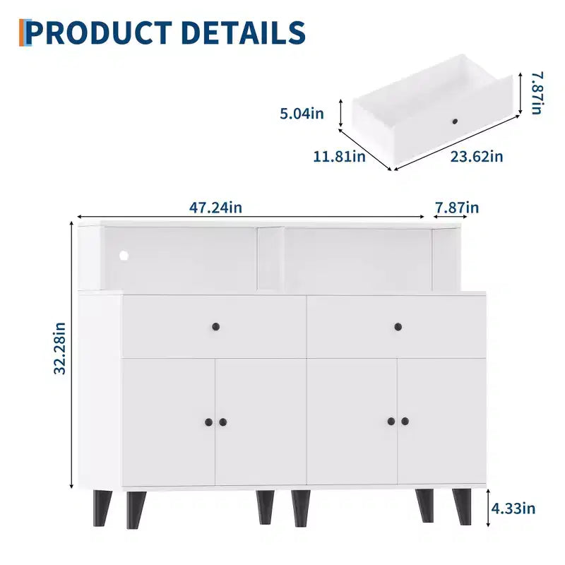 Mobile Bar Caffè da 120 cm con Prese di Corrente, Credenza Buffet con 2 Cassetti, 4 Ante e Scaffali