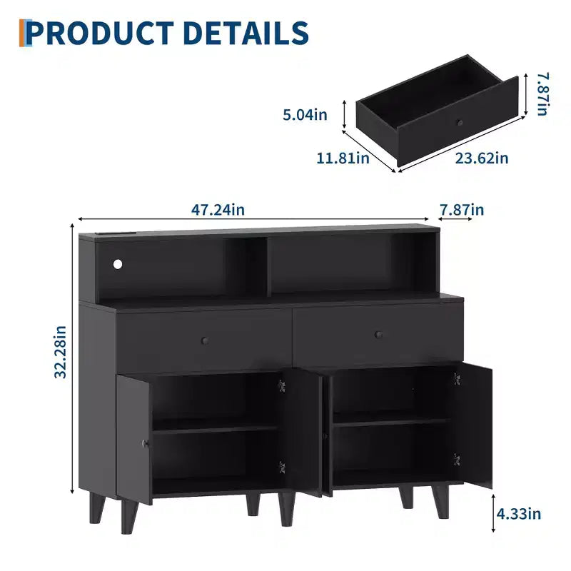 Mobile Bar Caffè da 120 cm con Prese di Corrente, Credenza Buffet con 2 Cassetti, 4 Ante e Scaffali