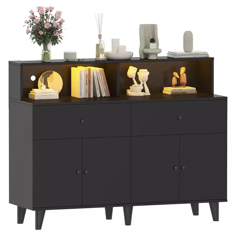 Mobile Bar Caffè da 120 cm con Prese di Corrente, Credenza Buffet con 2 Cassetti, 4 Ante e Scaffali
