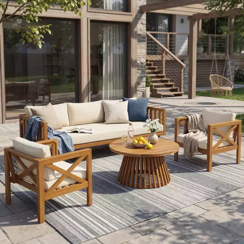 Christopher Knight Home Claremont Ensemble de conversation 4 pièces en bois d'acacia moderne pour patio avec coussins