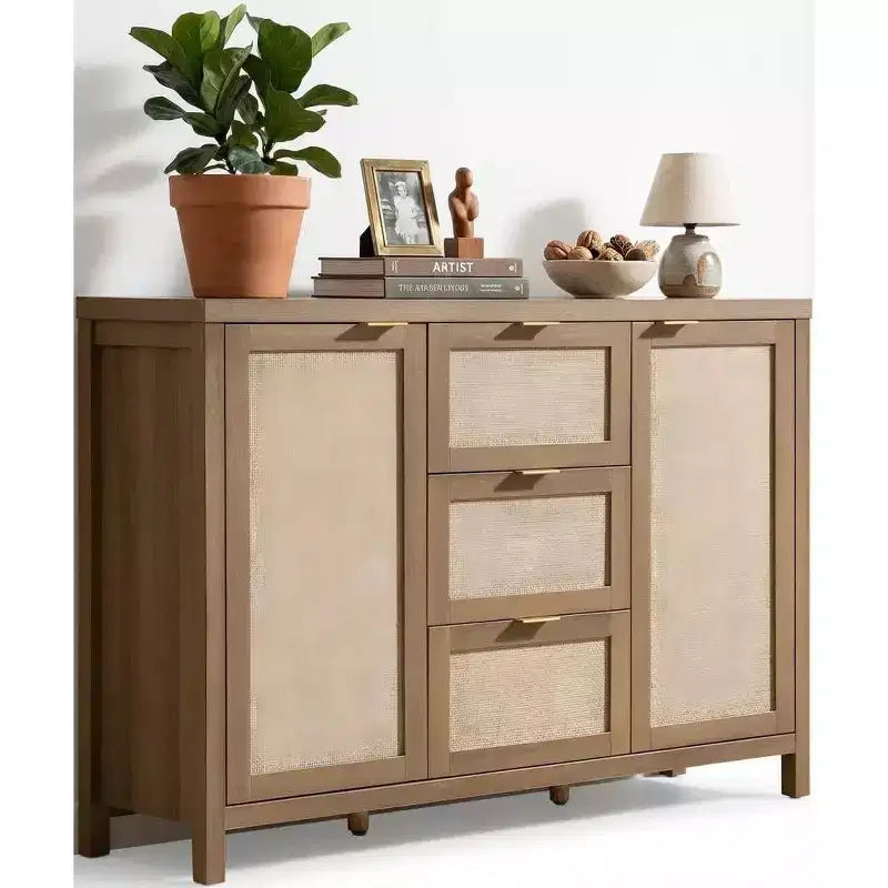 51 Rattan Sideboard Buffet Cabinet, Boho Storage with 3 Drawers & 2 Doors, Coffee Bar Credenza with Adjustable Shelves for Kitchen & Living Room