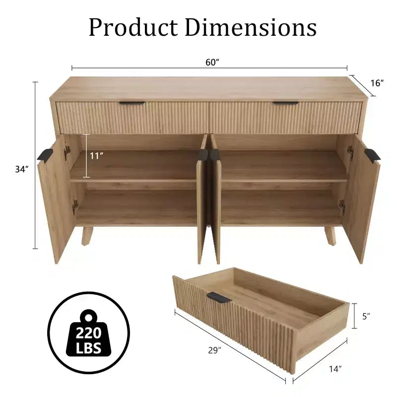 Buffet cannelé de 60 pouces avec 2 tiroirs et 4 portes, Buffet moderne avec rangement pour salle à manger, salon, entrée