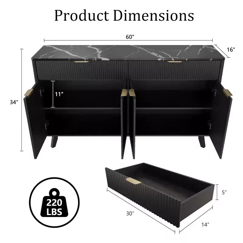 Buffet cannelé de 60 pouces avec 2 tiroirs et 4 portes, Buffet moderne avec rangement pour salle à manger, salon, entrée