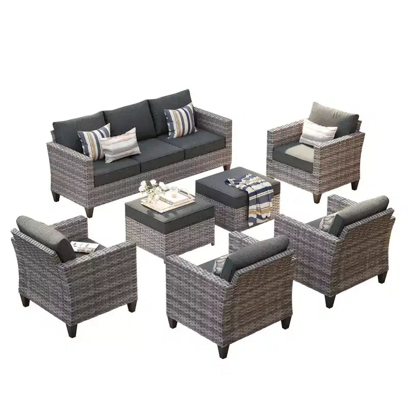 Ensemble de salon de jardin HOMLUX en rotin 7 pièces avec canapé, poufs et fauteuils