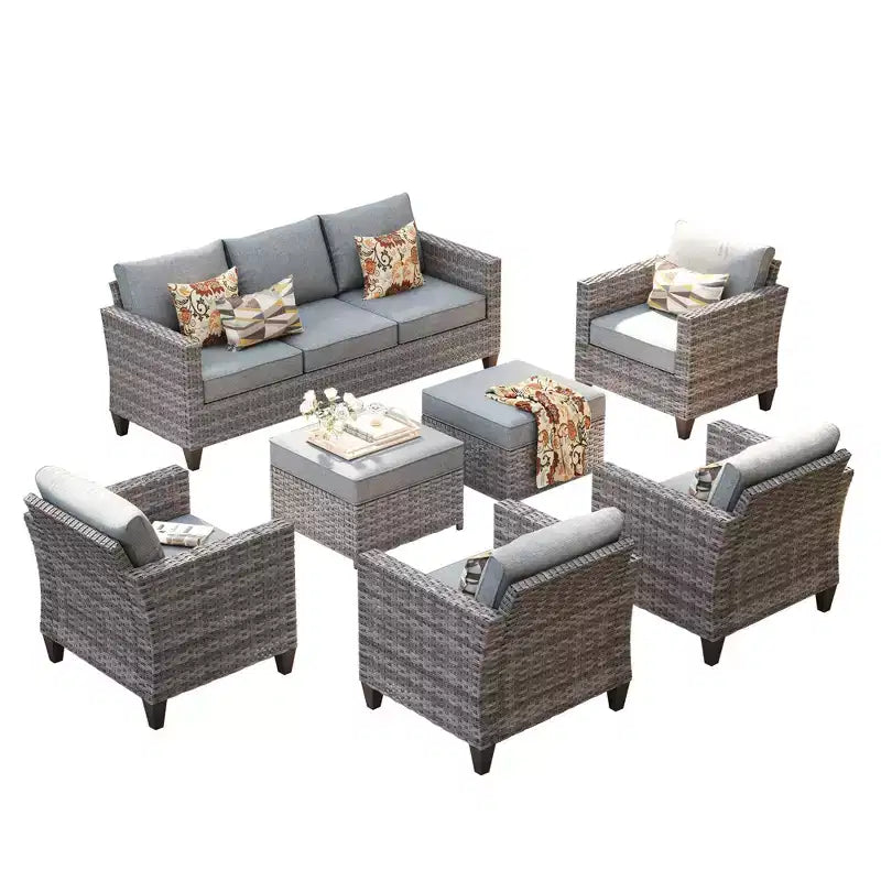 Ensemble de salon de jardin HOMLUX en rotin 7 pièces avec canapé, poufs et fauteuils