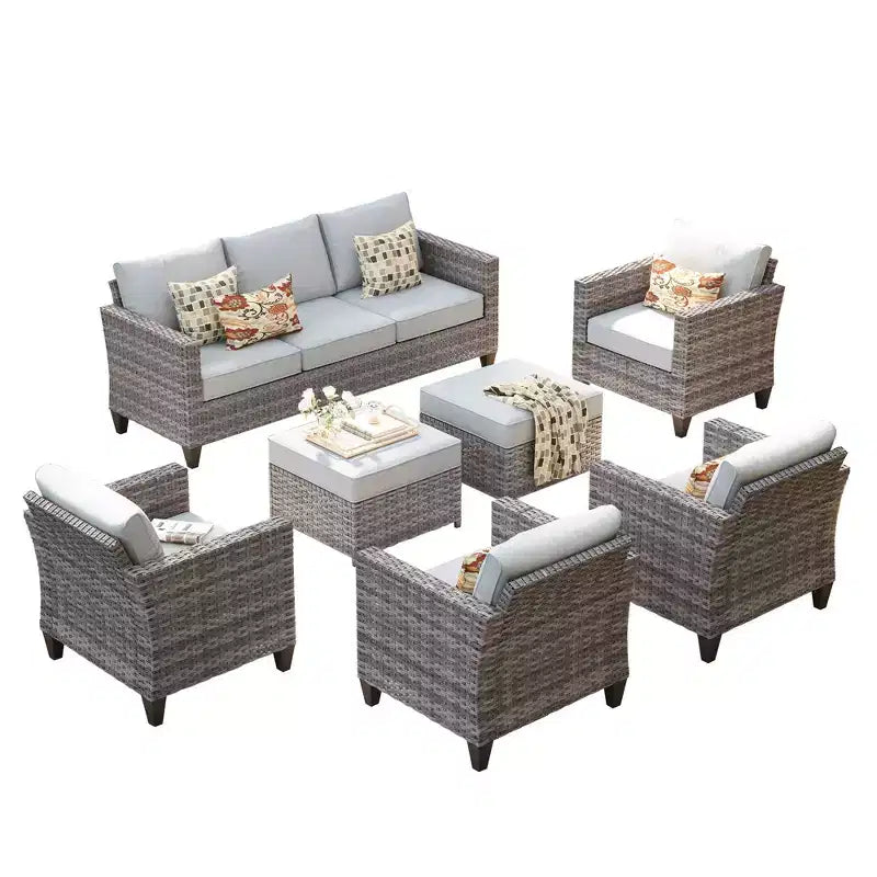 Ensemble de salon de jardin HOMLUX en rotin 7 pièces avec canapé, poufs et fauteuils