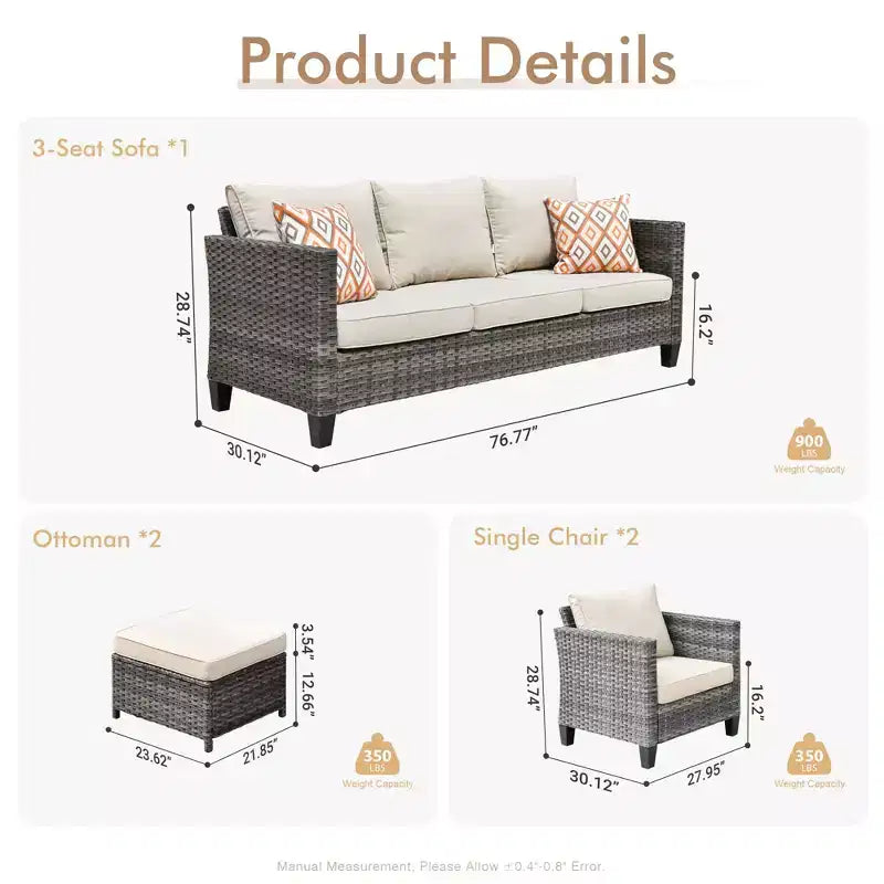Set di mobili da giardino HOMLUX da 5 pezzi: Divano a 3 posti + 2 Poltrone + 2 Pouf
