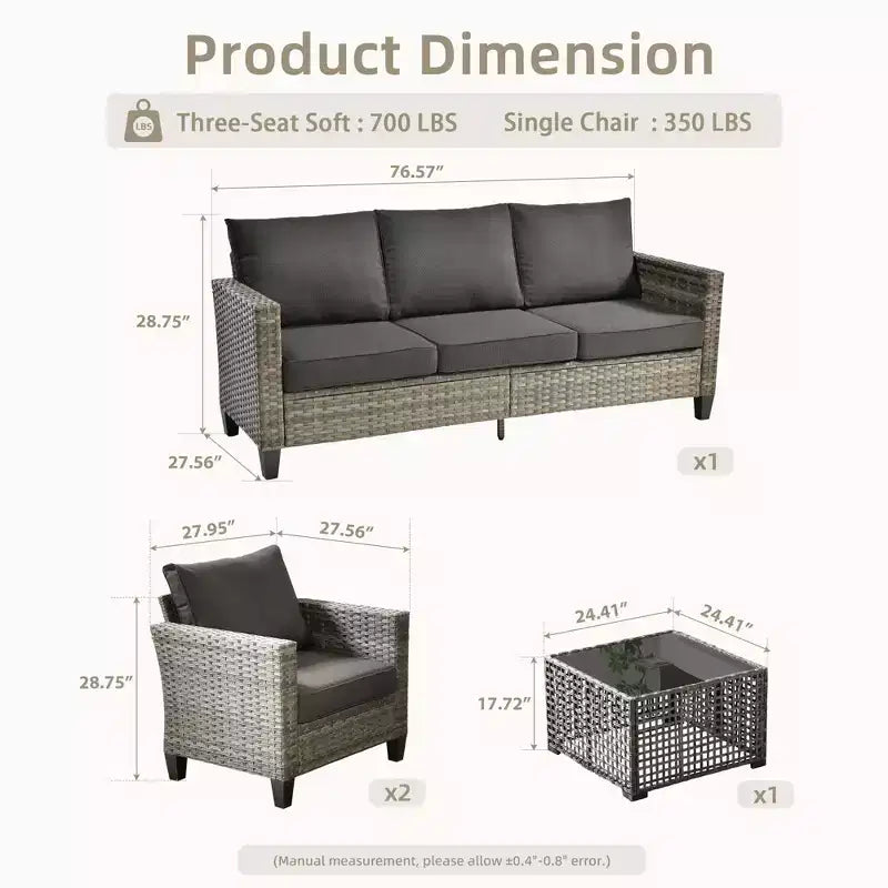 Set da Divano da Esterno 4 Pezzi HOMLUX con 3 Posti, 2 Poltrone Singole e Tavolino da Caffè a LED, Rattan PE Grigio