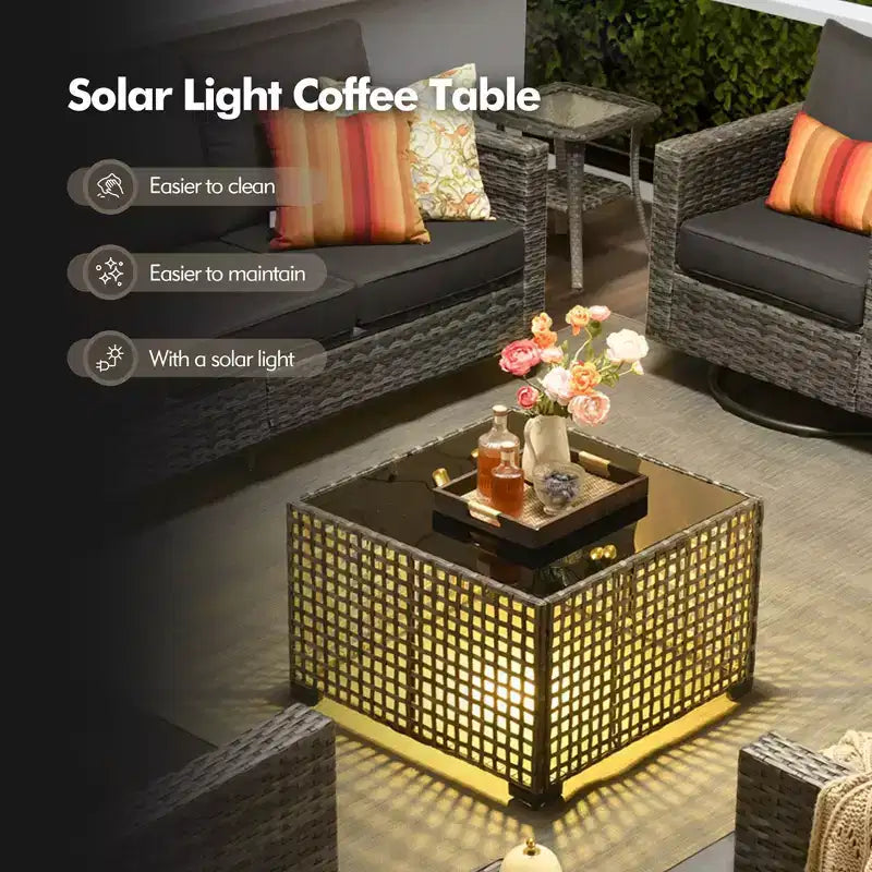Set da Divano da Esterno 4 Pezzi HOMLUX con 3 Posti, 2 Poltrone Singole e Tavolino da Caffè a LED, Rattan PE Grigio