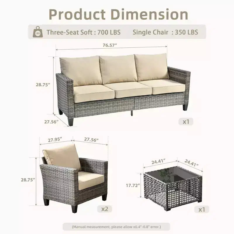 Set da Divano da Esterno 4 Pezzi HOMLUX con 3 Posti, 2 Poltrone Singole e Tavolino da Caffè a LED, Rattan PE Grigio