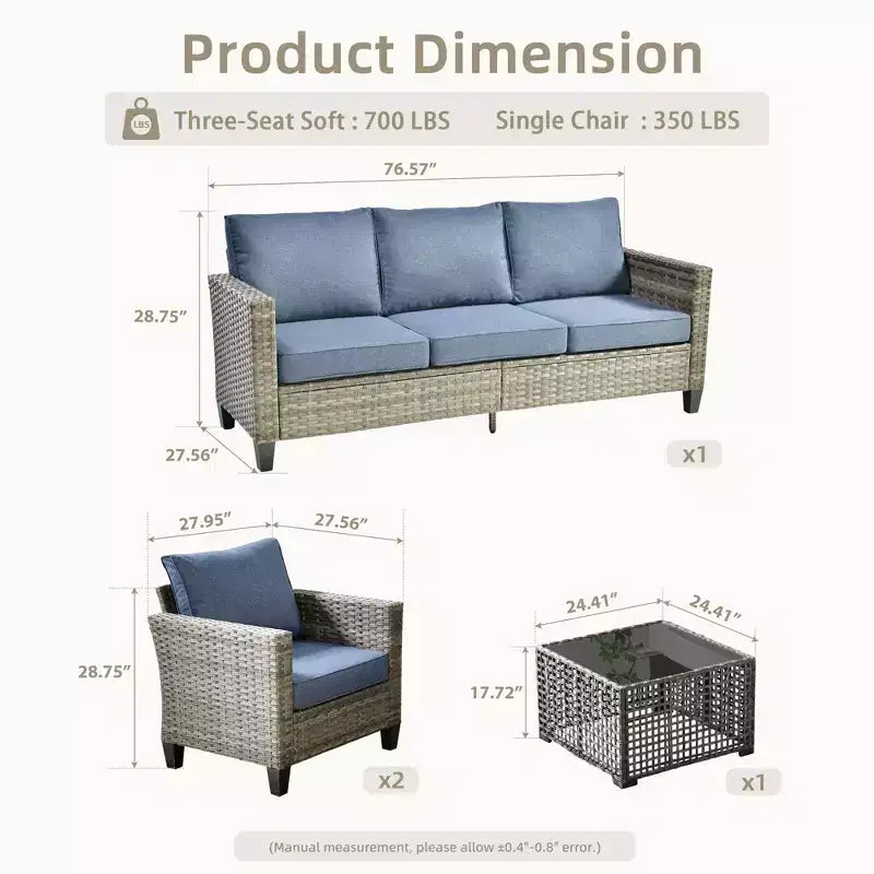 Set da Divano da Esterno 4 Pezzi HOMLUX con 3 Posti, 2 Poltrone Singole e Tavolino da Caffè a LED, Rattan PE Grigio