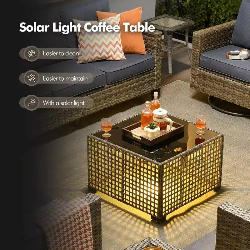 Set da Divano da Esterno 4 Pezzi HOMLUX con 3 Posti, 2 Poltrone Singole e Tavolino da Caffè a LED, Rattan PE Grigio