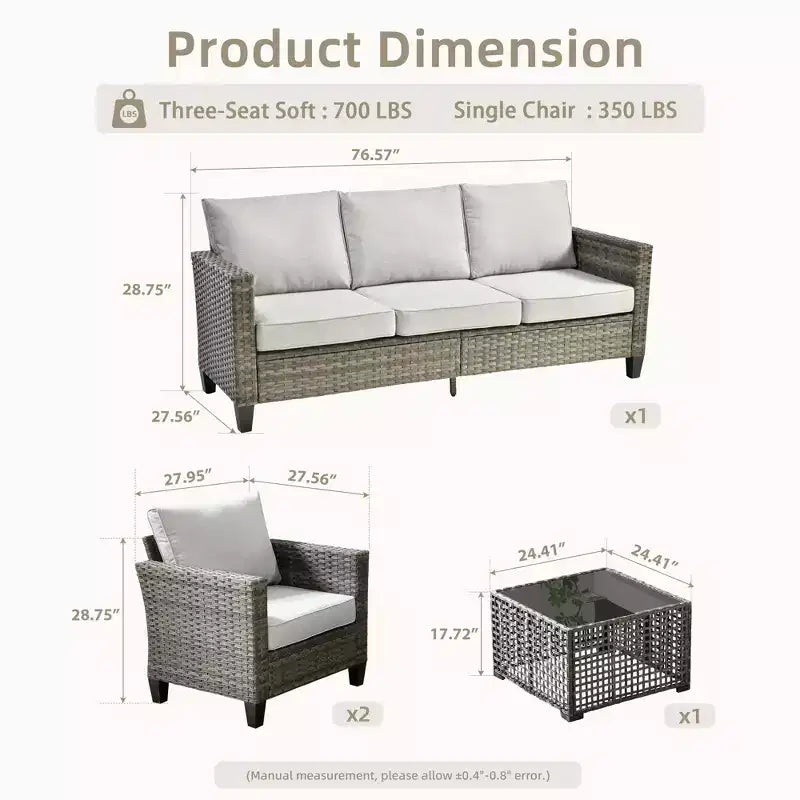 Set da Divano da Esterno 4 Pezzi HOMLUX con 3 Posti, 2 Poltrone Singole e Tavolino da Caffè a LED, Rattan PE Grigio