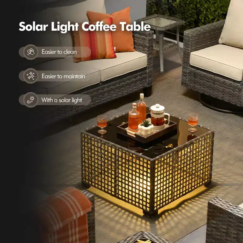 Set da Divano da Esterno 4 Pezzi HOMLUX con 3 Posti, 2 Poltrone Singole e Tavolino da Caffè a LED, Rattan PE Grigio