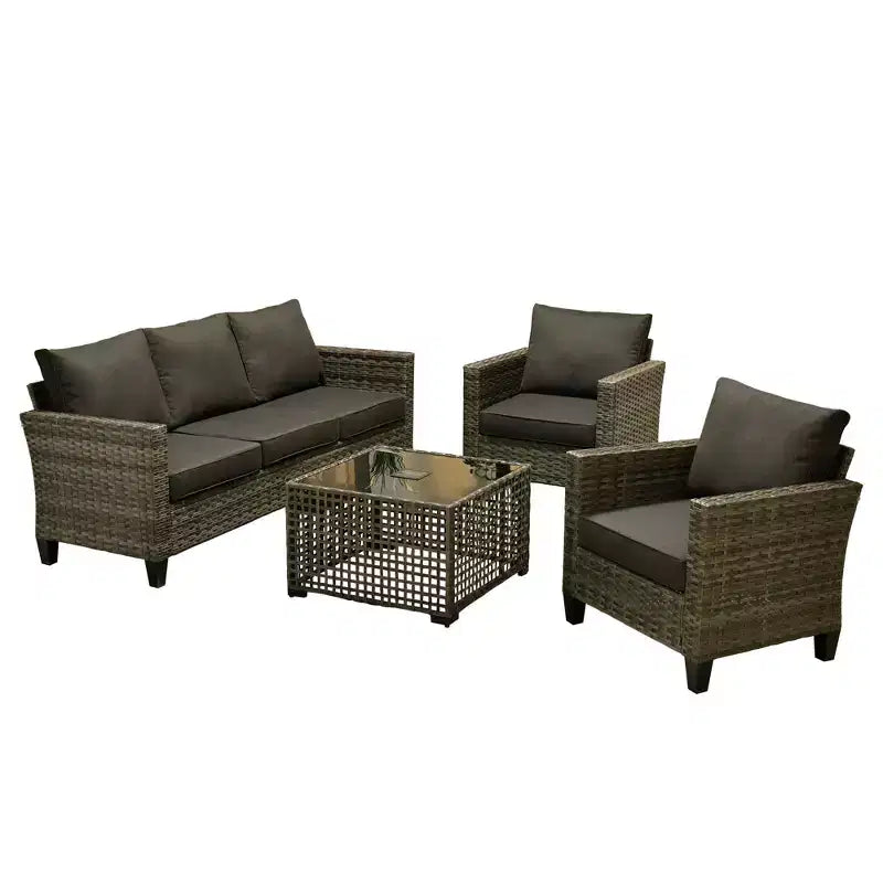 Set da Divano da Esterno 4 Pezzi HOMLUX con 3 Posti, 2 Poltrone Singole e Tavolino da Caffè a LED, Rattan PE Grigio