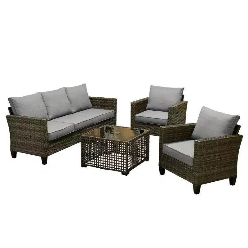 Set da Divano da Esterno 4 Pezzi HOMLUX con 3 Posti, 2 Poltrone Singole e Tavolino da Caffè a LED, Rattan PE Grigio