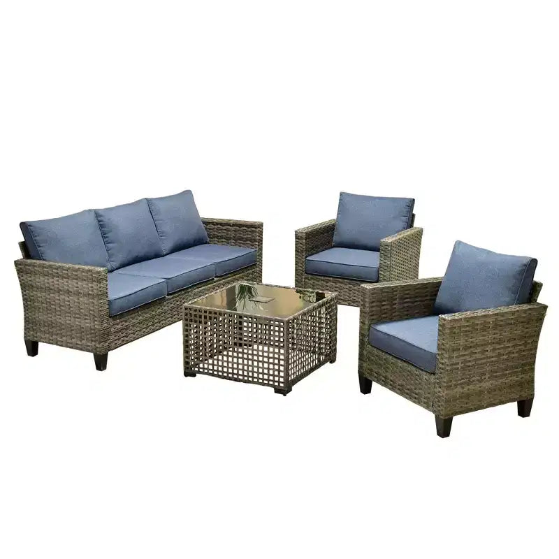 Set da Divano da Esterno 4 Pezzi HOMLUX con 3 Posti, 2 Poltrone Singole e Tavolino da Caffè a LED, Rattan PE Grigio