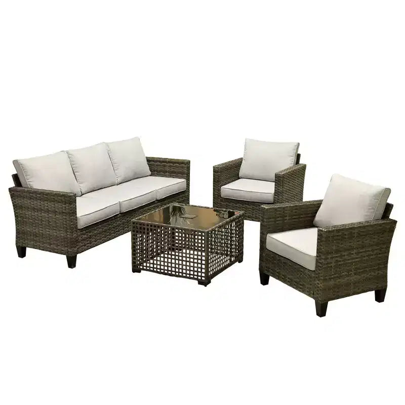 Set da Divano da Esterno 4 Pezzi HOMLUX con 3 Posti, 2 Poltrone Singole e Tavolino da Caffè a LED, Rattan PE Grigio