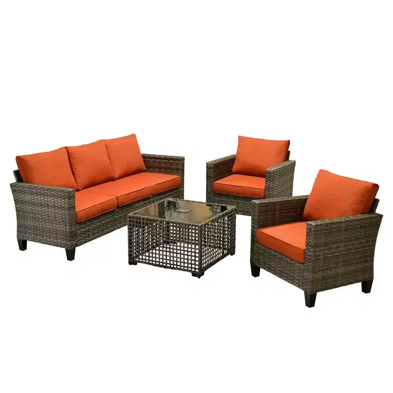 Set da Divano da Esterno 4 Pezzi HOMLUX con 3 Posti, 2 Poltrone Singole e Tavolino da Caffè a LED, Rattan PE Grigio