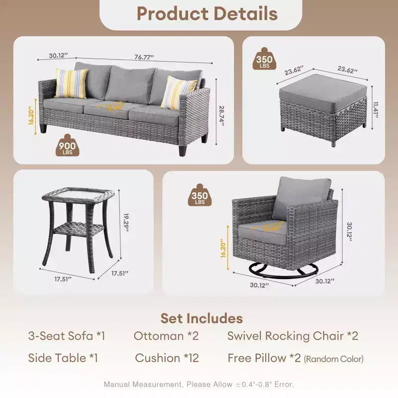 Set da Esterno HOMLUX 6 Pezzi con Divano 3 Posti e Pouf, Sedie Girevoli