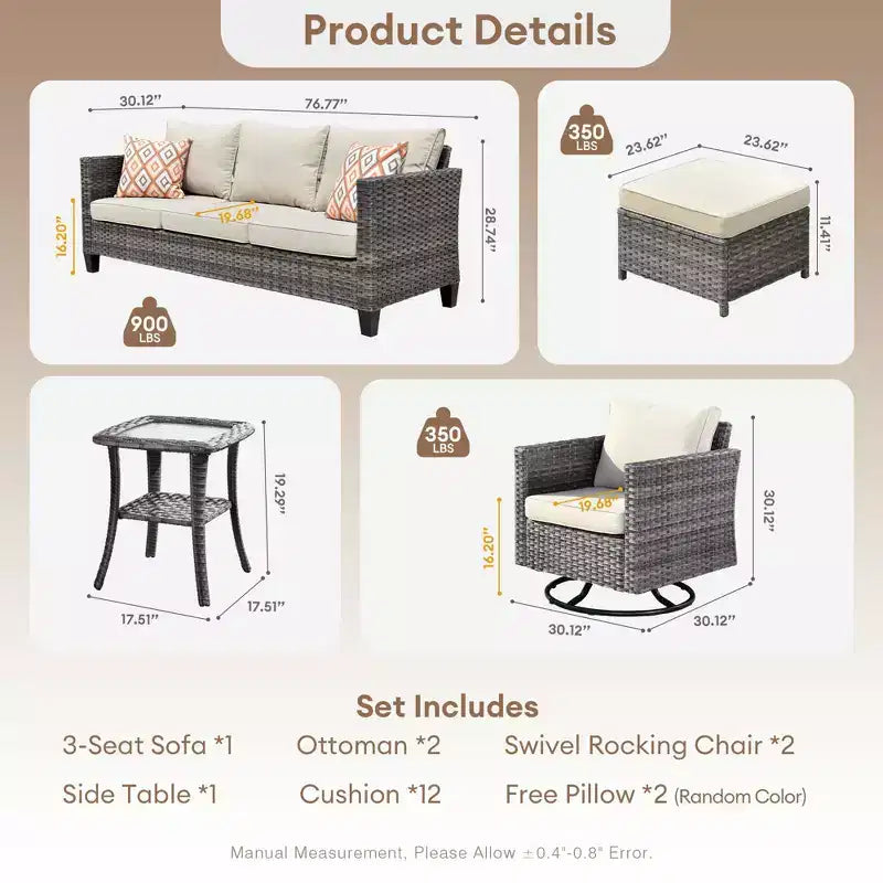 Set da Esterno HOMLUX 6 Pezzi con Divano 3 Posti e Pouf, Sedie Girevoli