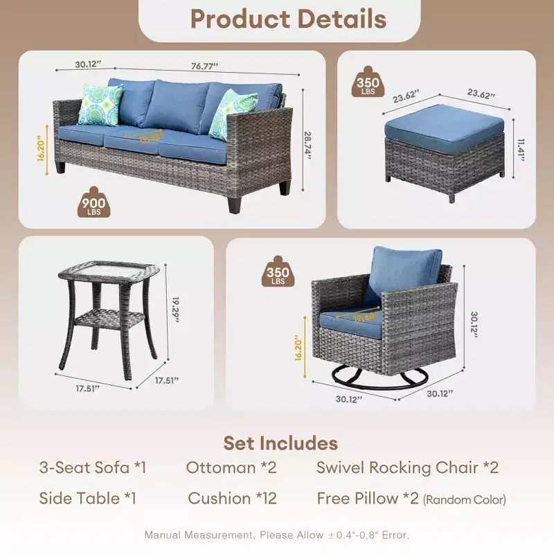 Set da Esterno HOMLUX 6 Pezzi con Divano 3 Posti e Pouf, Sedie Girevoli
