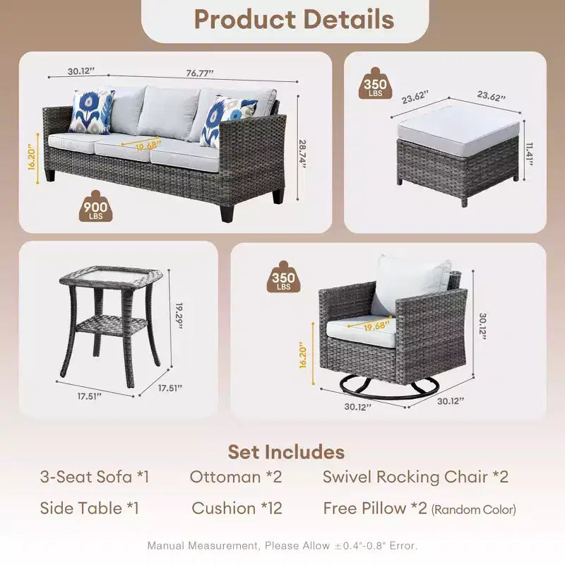 Set da Esterno HOMLUX 6 Pezzi con Divano 3 Posti e Pouf, Sedie Girevoli