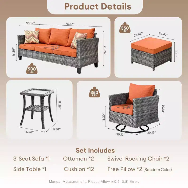 Set da Esterno HOMLUX 6 Pezzi con Divano 3 Posti e Pouf, Sedie Girevoli