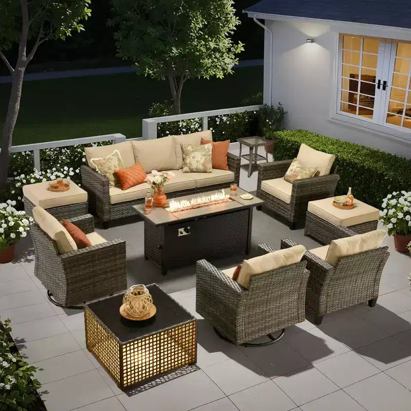 Set da 10 pezzi per patio HOMLUX con tavolo da 54" con braciere e sedie girevoli