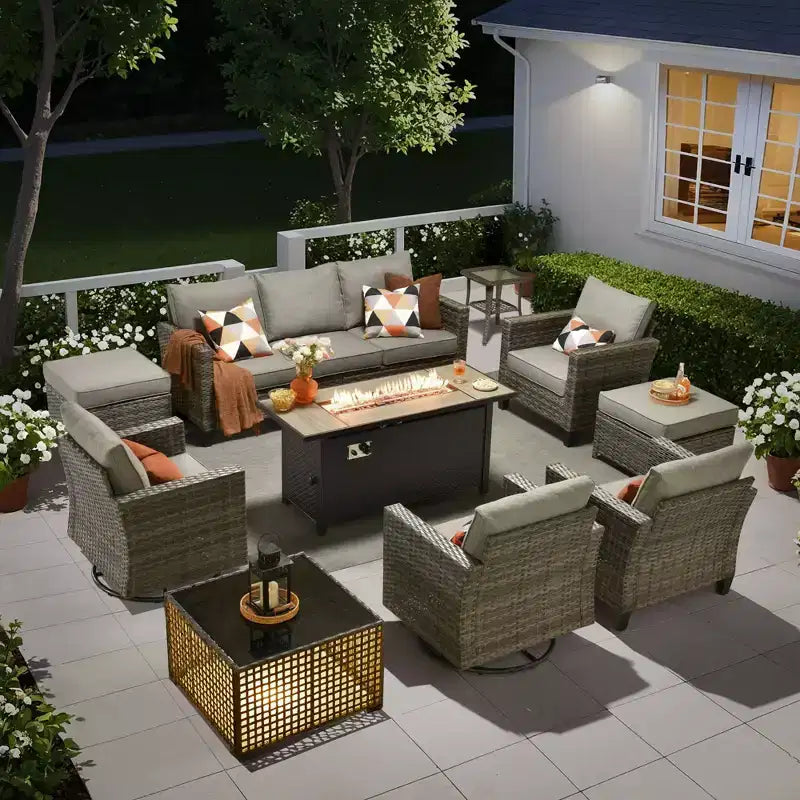 Set da 10 pezzi per patio HOMLUX con tavolo da 54" con braciere e sedie girevoli