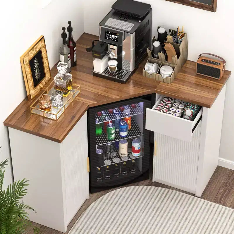 Mobile angolare da bar GDLF con spazio per il frigorifero, angolo bar per caffè per la casa