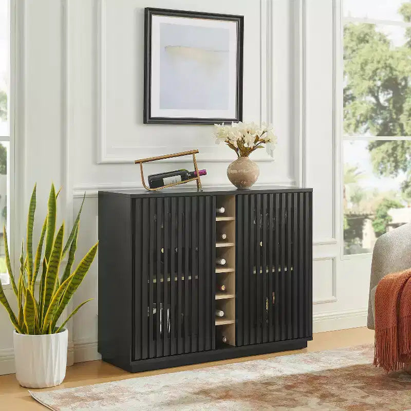 GDFStudio Adriana Modern 43 Wooden Fluted Buffet Cabinet with Rack and Wine Glass Holder