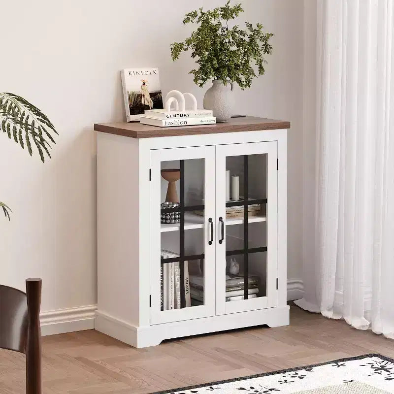 Madia Moderna Multifunzionale con Anta in Vetro con Design a Croce, Presa Elettrica Integrata, Credenza Contenitore per Soggiorno o Sala da Pranzo
