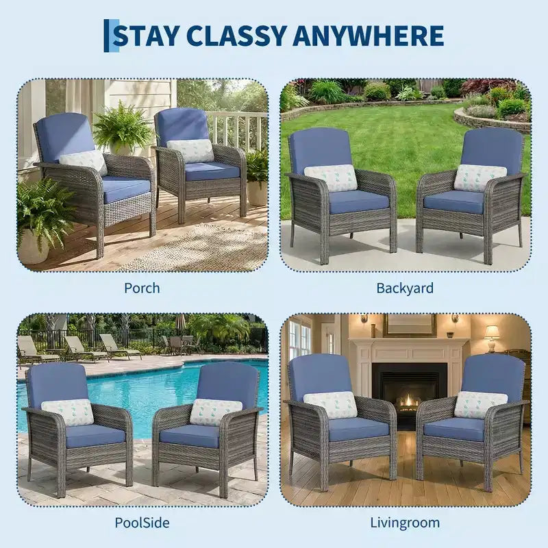 Set 2 sedie da esterno in rattan per patio, cuscini spessi, vimini sfumato per tutte le stagioni - Sedute da esterno versatili per portico, terrazza, giardino, cortile